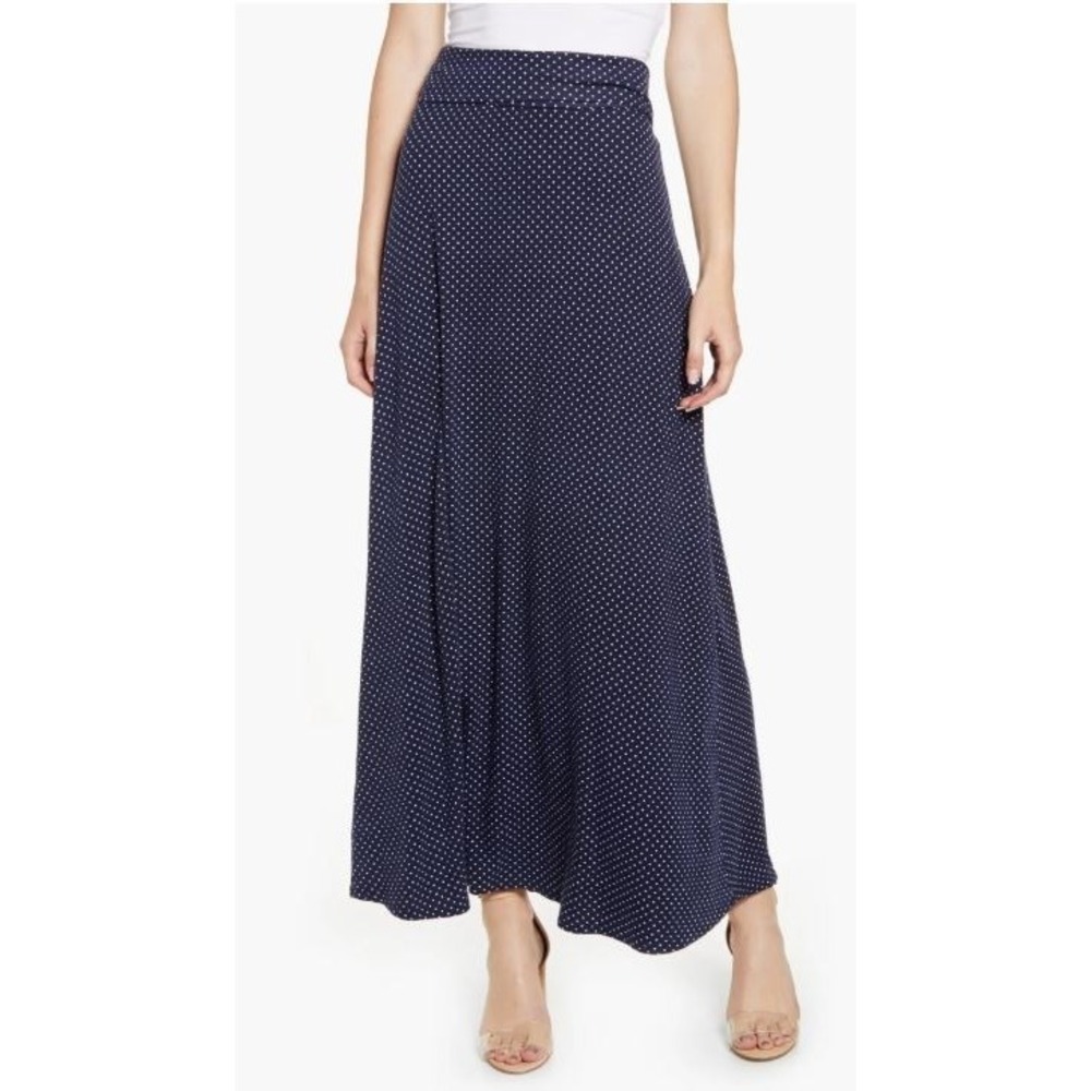 Loveappella Women's Roll‎ Tap Maxi Skirt in Navy Polka Dot Medium